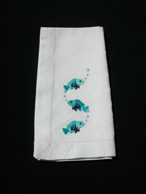 White Napkin with Blue Bubblefish