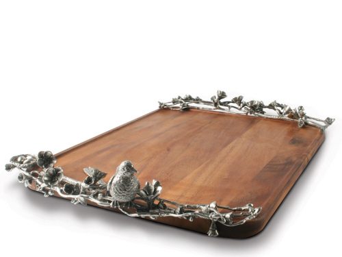 Wood Tray - Pewter Bird Handles